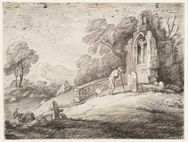 Wooded Landscape with Peasant Reading Tombstone, Rustic Lovers and Ruined Church