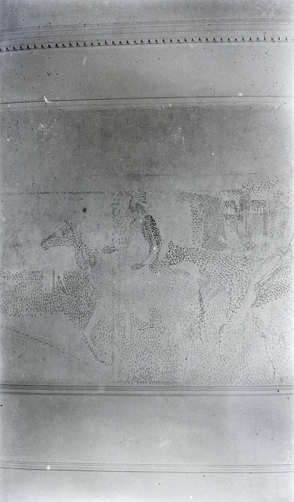 Spirit Riders Pointillism Black and white negative of a painting of horses and riders in a ...