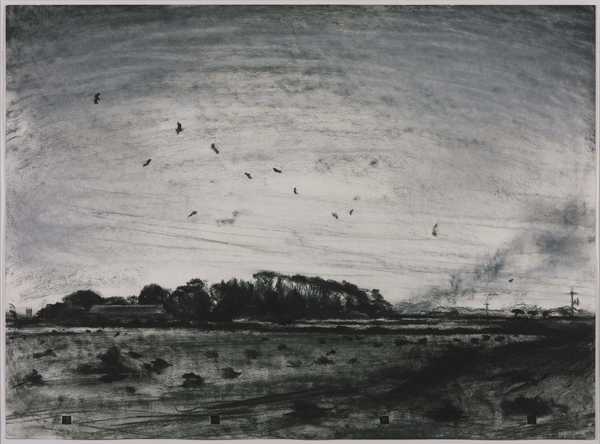 ‘Muckspreading again ...’ (Looking West - Evening. Fields and Farm in a Spinney - from South of Walcott near Happisburgh - towards Riddlington, Norfolk), 25 September 1983