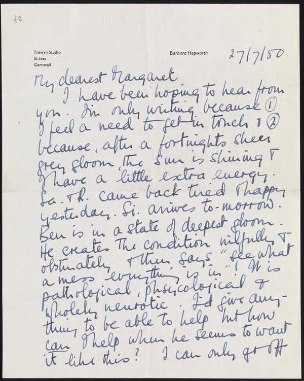 Letter sent by Barbara Hepworth to Margaret Gardiner‘, Dame Barbara ...