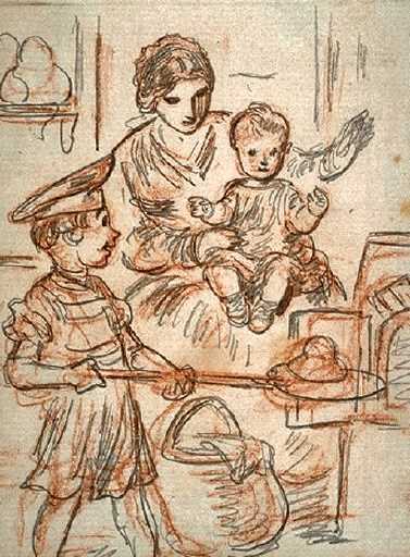 Mother with Baby, a Child Placing Bread in an Oven