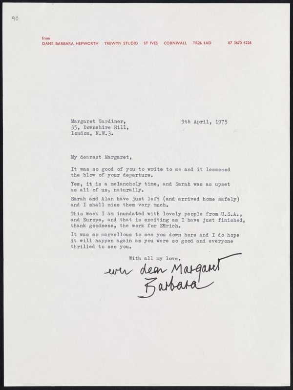 Letter sent by Barbara Hepworth to Margaret Gardiner‘, Dame Barbara ...