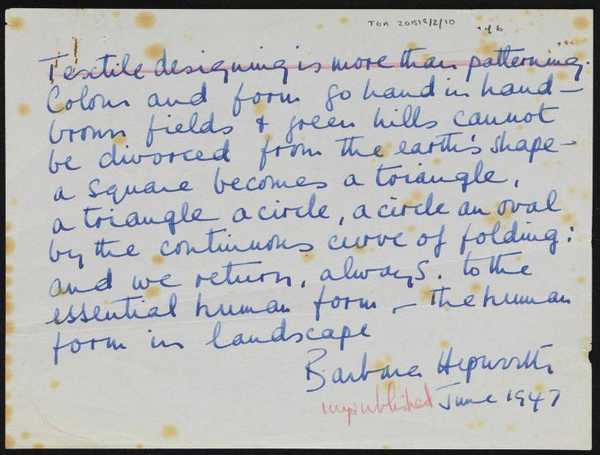 Handwritten notes by Barbara Hepworth relating to art practice‘, Dame ...