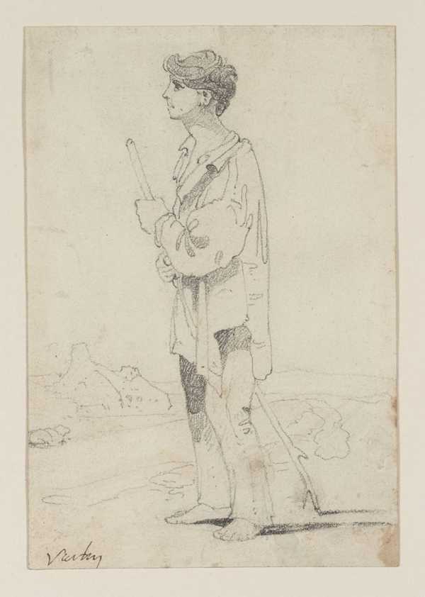 A Boy with a Stick, Landscape in the Distance. Verso: Sketch