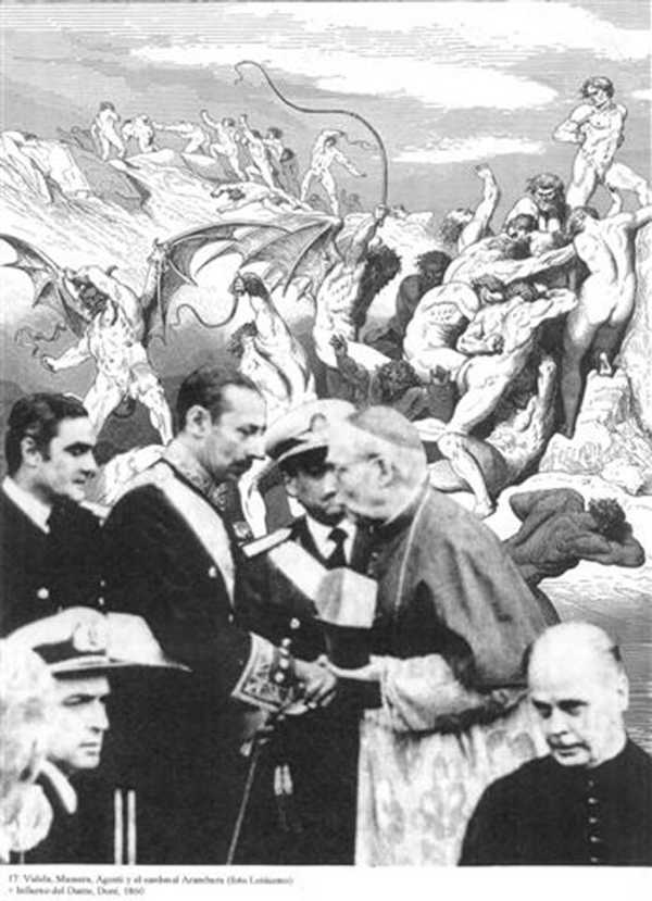 Videla, Massera, Agosti and Cardinal Aramburu (Photo: Loiácono) + ‘Dante’s Inferno’ by Doré, 1860