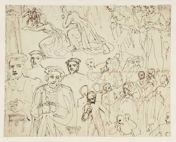A Sheet of Sketches of Men in Tudor Costume. Verso: Various Unconnected Sketches of Figures, including a Rider