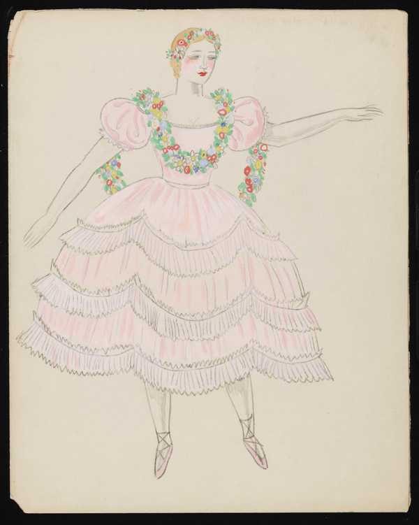 Untitled Costume Design Showing A Female Figure Wearing A White Dress And Black Cape With Pink