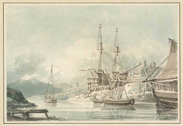 Shipping on a River with Houses and Distant Mountains (?in South Wales)