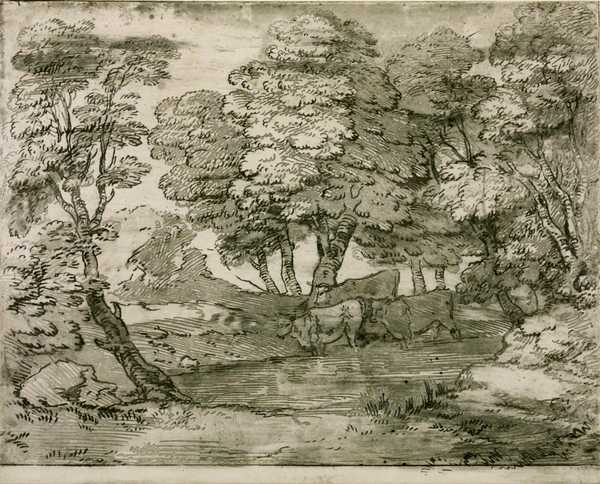 Wooded Landscape with Three Cows at a Pool
