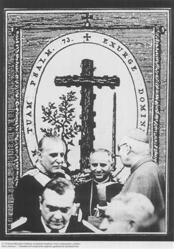 Nuncio Monsignor Calabresi, Cardinal Aramburu, Viola, Lambruschini and Galtieri (Photo: Loiácono) + ‘Banner of the Spanish Inquisition’, Etching by Bembard Picart
