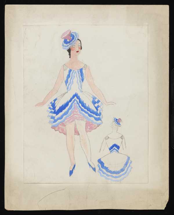 Untitled Costume Design Showing A Female Figure Wearing A White And Blue Dress With A Short