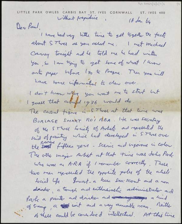 Letter and questionnaire sent by Peter Lanyon to J.P. Hodin‘, Peter ...