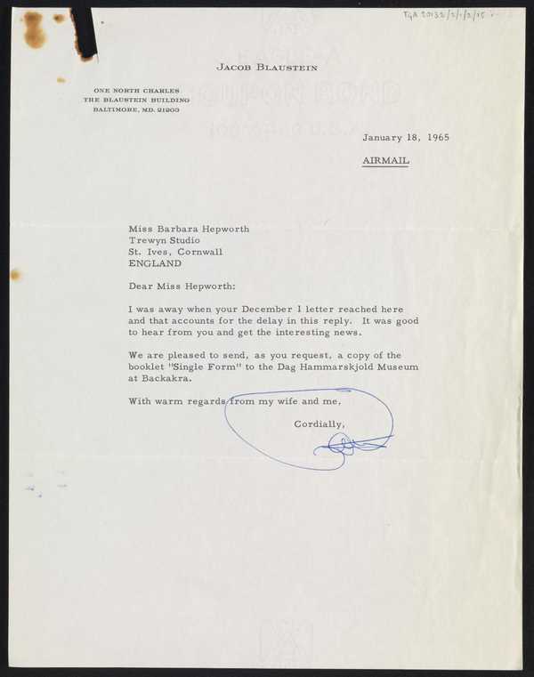 Letter Sent By Jacob Blaustein To Barbara Hepworth Regarding ‘Single ...