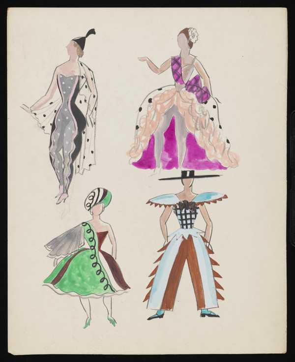 Untitled Costume Designs For Three Female Figure And One Male Figure In The Style Of The Ballet