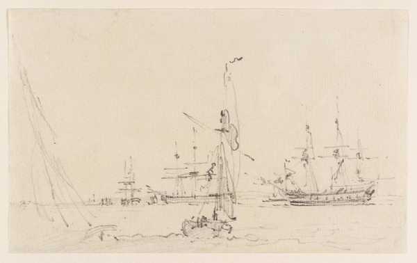 Sketch of Shipping. Three Large Ships, a Yacht in the Foreground
