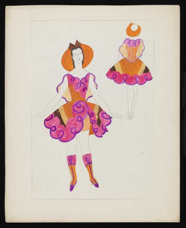 Untitled Costume Design Showing A Female Figure Wearing A Orange And Brown Dress With Pink And