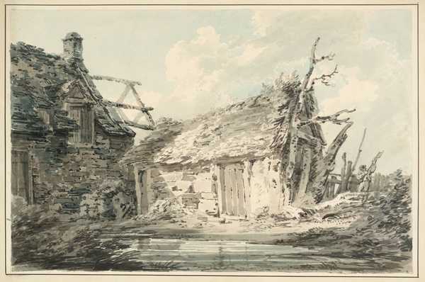 A House and Shed with a Man Chopping Wood