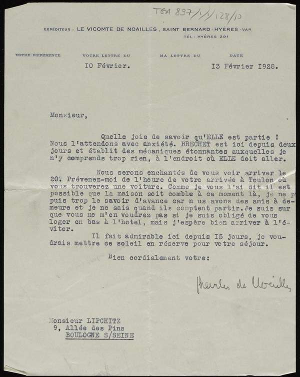 Letter from Charles de Noailles to Jacques Lipchitz‘, Charles de ...