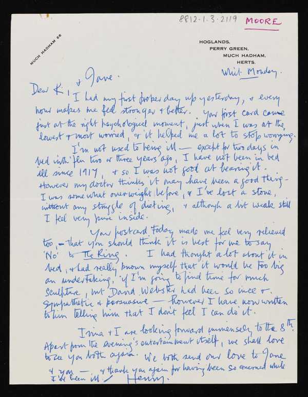 Letter from Henry Moore to Kenneth and Jane Clark‘, Henry Moore OM, CH ...