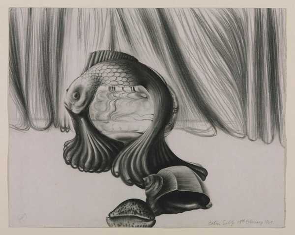 Still Life with Art Deco Goldfish Bowl, Curtain and Shells