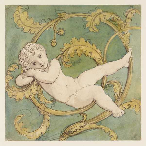 A Putto in an Arabesque, Green Background: ?Design for the Decoration of One of the Lunettes at Buckingham Palace Executed by Bernasconi