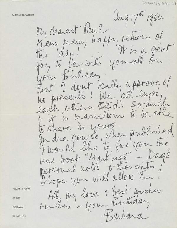 Letter and programme from Barbara Hepworth to J.P. Hodin‘, Dame Barbara ...