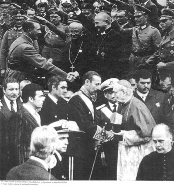 Hitler Greets the Catholic Abbot Schachteitner and Muller, Reich Bishop + Jorge Videla Greets Cardinal Aramburu