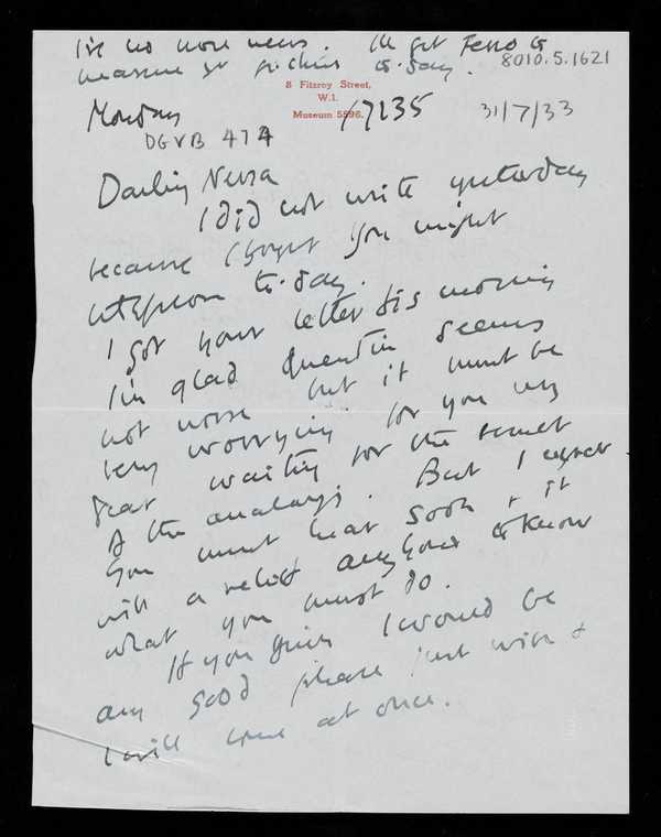 Letter from Bear [Duncan Grant] to Vanessa Bell‘, Duncan Grant ...