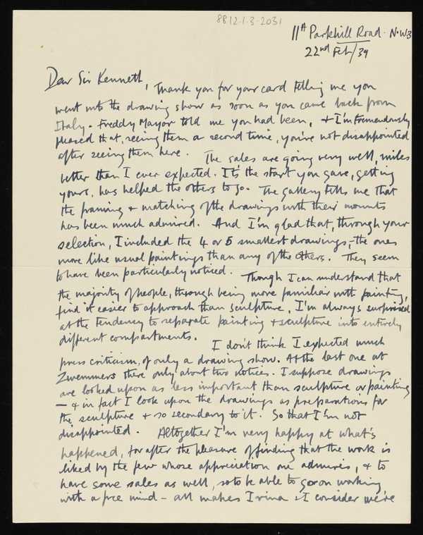 Letter from Henry Moore to Kenneth Clark‘, Henry Moore OM, CH ...