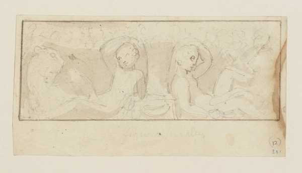Two Recumbent Boys and a Panther, Part of a Frieze. Verso: Sketch