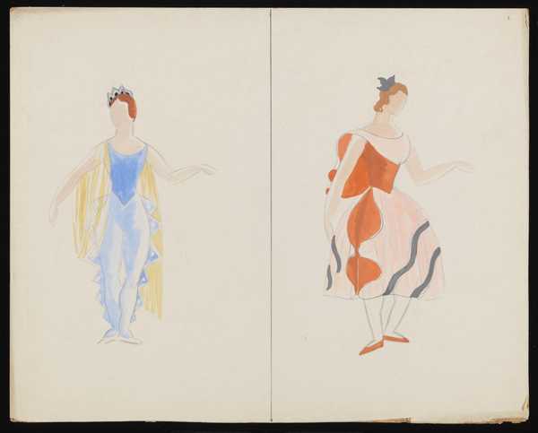 Untitled Costume Designs Showing A Female Figure Wearing A Blue Leotard With A Gold Cape And A