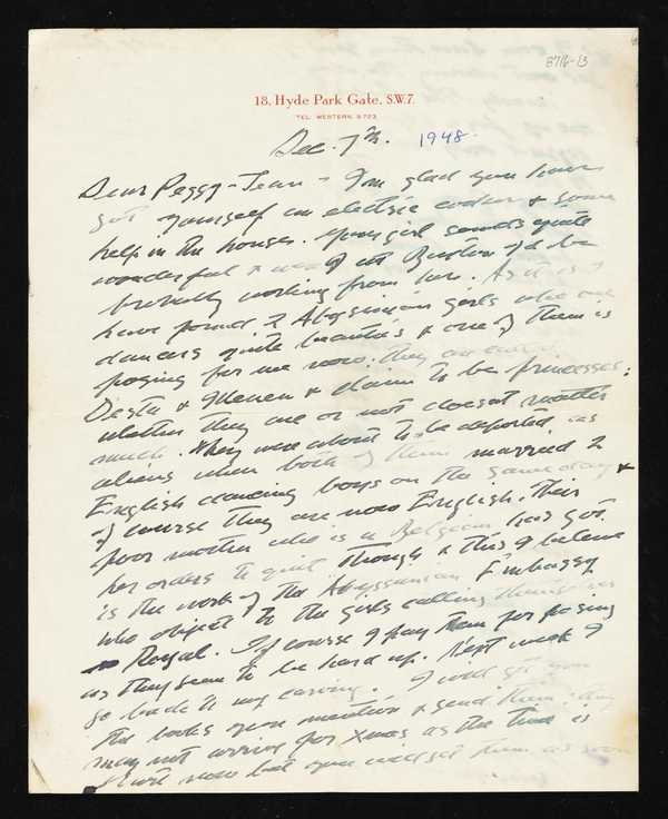 Letter from Jacob Epstein to Peggy Jean‘, Sir Jacob Epstein, recipient ...