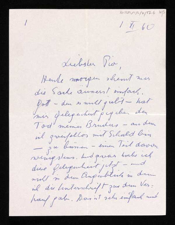 Letter to Elias Canetti‘, recipient: Elias Canetti, 1 November 1960 ...