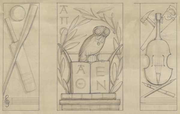Two designs for panels for academic, sporting and musical pursuits ...