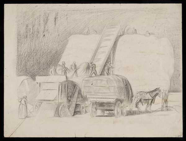 Group of people loading hay from a hayrick to a baling machine‘, Sir ...