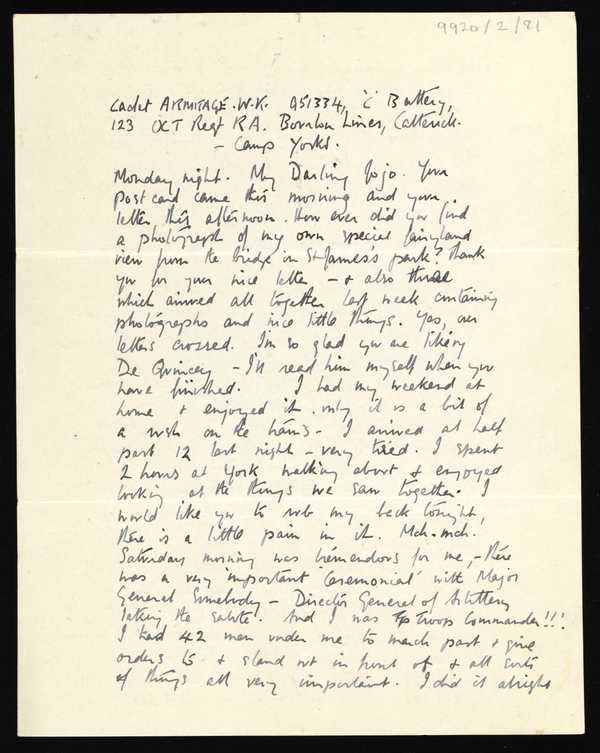 Letter from Kenneth Armitage to Joan Moore, addressed Catterick Camp ...