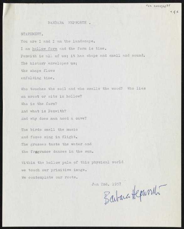 Statement’ by Barbara Hepworth‘, Dame Barbara Hepworth, 2 January 1957