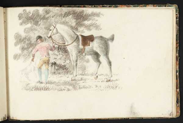 ‘a Stableman In A Striped Coat With Dog And Saddled Horse In Front Of 