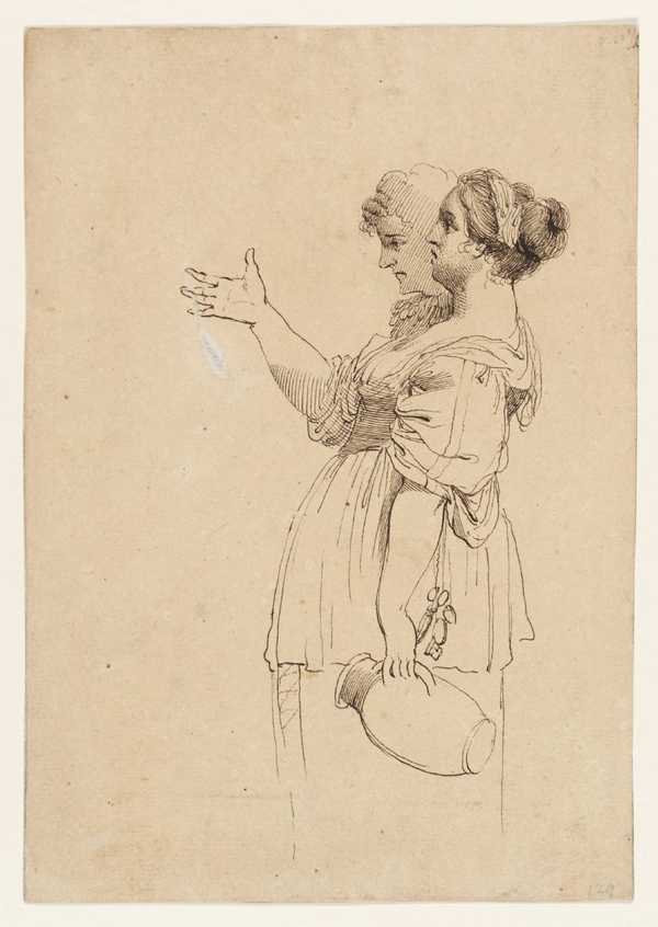 Two Girls, in Profile, One Carrying a Jug
