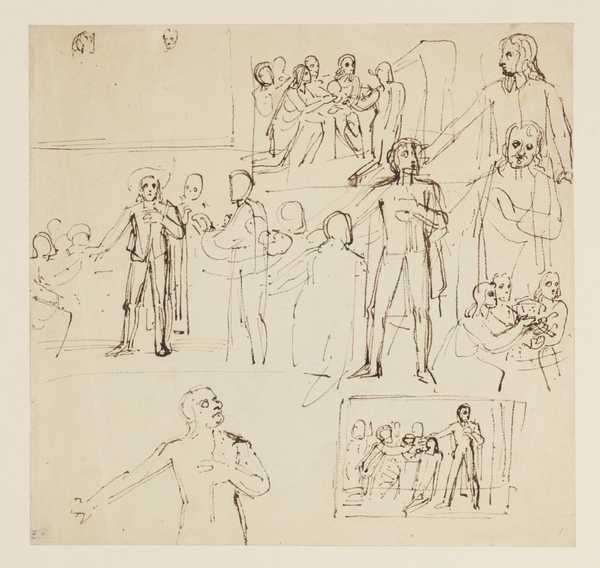 Sketch for Illustration to Bowyer’s ‘History of England’: Studies for ‘The Crown Offered to Oliver Cromwell’. Verso: Heads, and Two Death-Bed Scenes