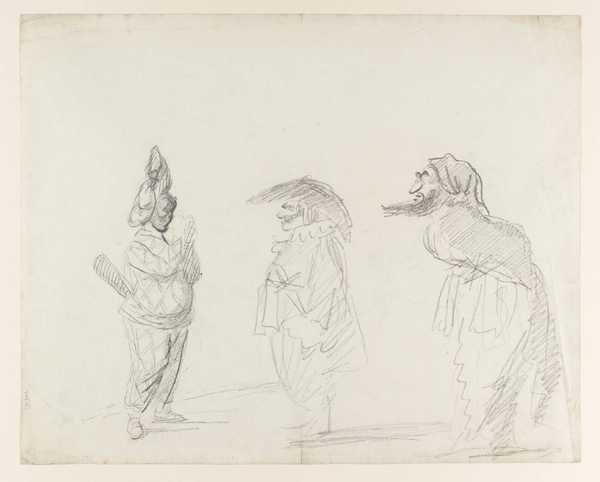 Three Figures from a Harlequinade. Verso: Two Figures and a Head, and a Man with Pitchfork Attacking a Recumbent Harlequin