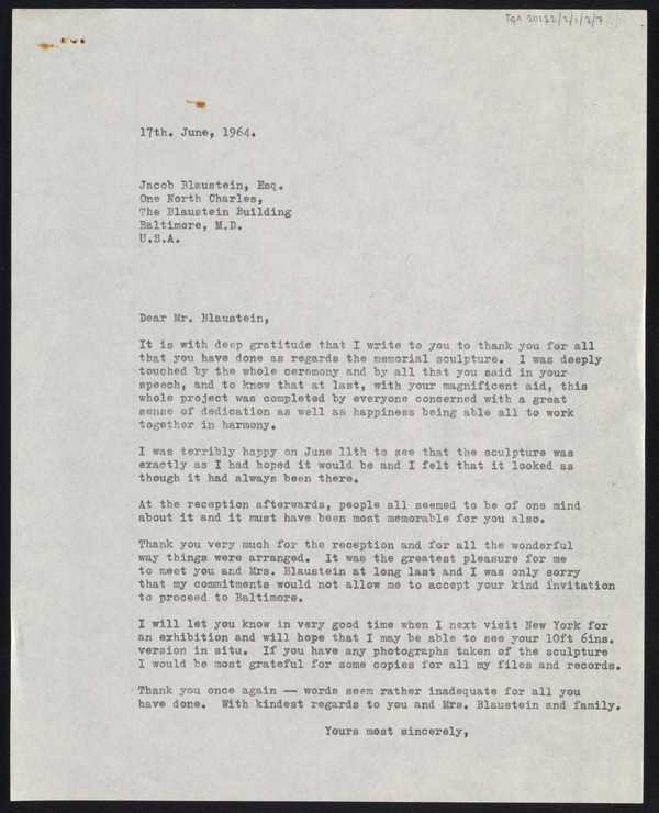 Letter Sent By Barbara Hepworth To Jacob Blaustein Regarding The ...