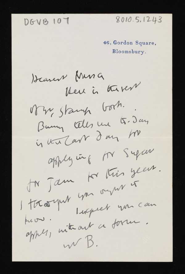 Letter From B. [Duncan Grant] To Vanessa Bell [London]‘, Duncan Grant ...