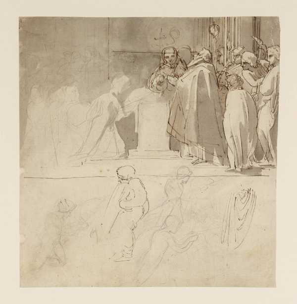 Scene in a Church with Figures Below. Verso: Sketch