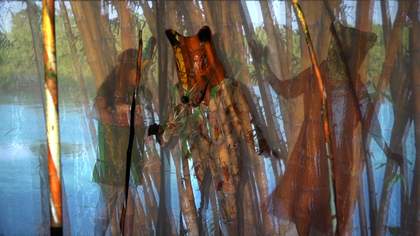 people in fox masks against projections
