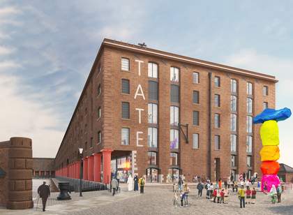 A piece of CGI showing a regenerated exterior of Tate Liverpool