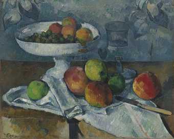 A painting of a fruit bowl with apples and grapes on a table with a white tablecloth and a knife on top of the table cloth.Apples are also outside the fruit bowl, on top of the table cloth.