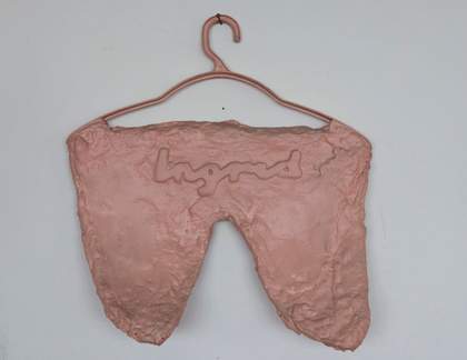 Sculpture by Franz West featuring two pink breast-like forms hanging from a coat hanger