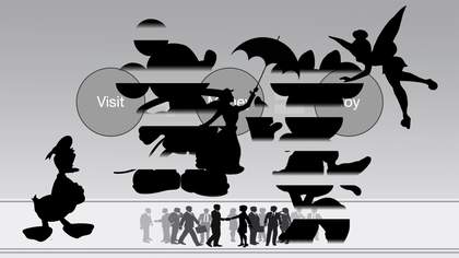 black figures of disney characters on top of 3 large grey circles. inside the circles in white text reads 'visit', 'money', 'joy'.