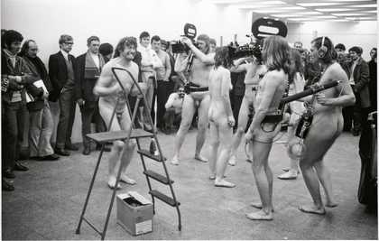 Balthasar Burkhard Otto Muehl Herbert Stumpfl Romilla Doll and Mica Most performing the Manopsychotic Ballet action at the Kolnischer Kunstverein 1970 two